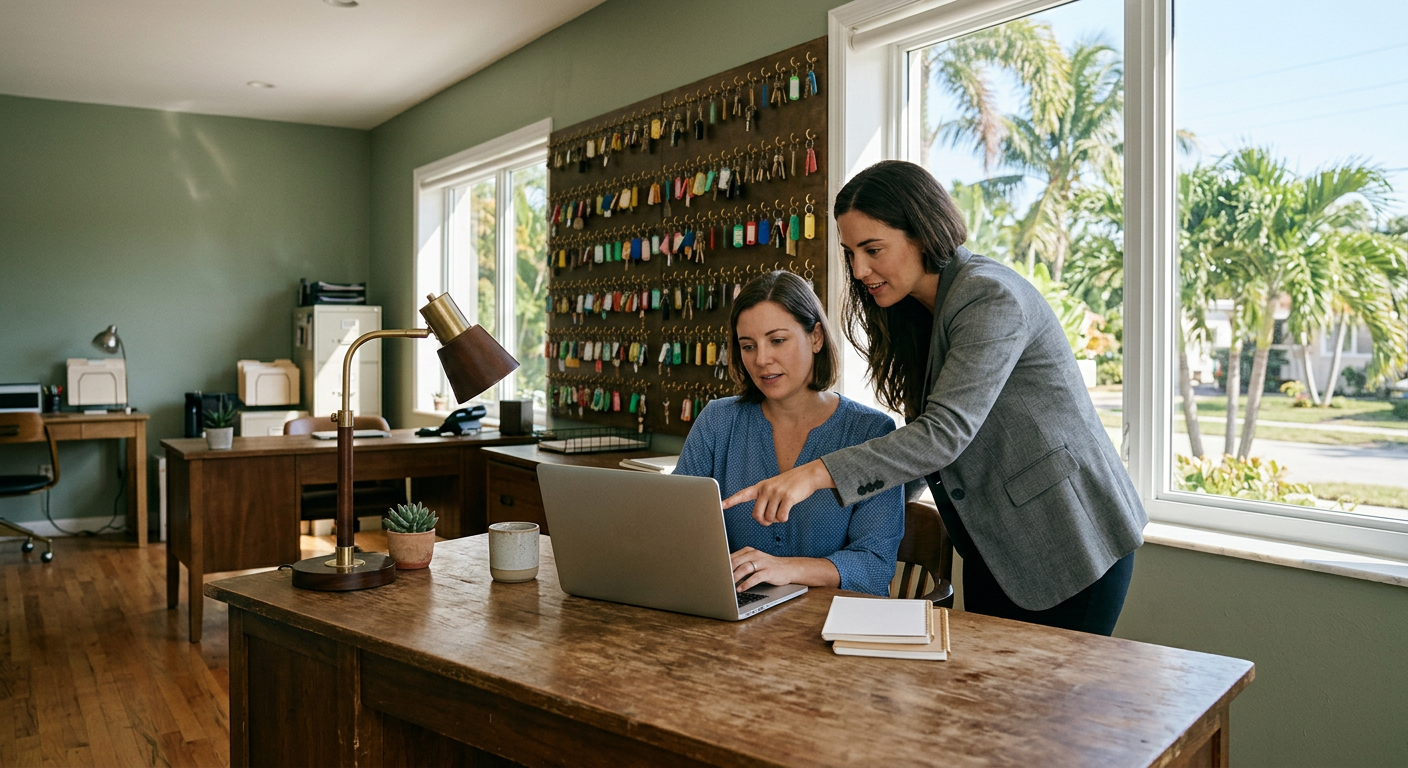 Two people at a desk in a small property management office, looking at a laptop. Generated image.