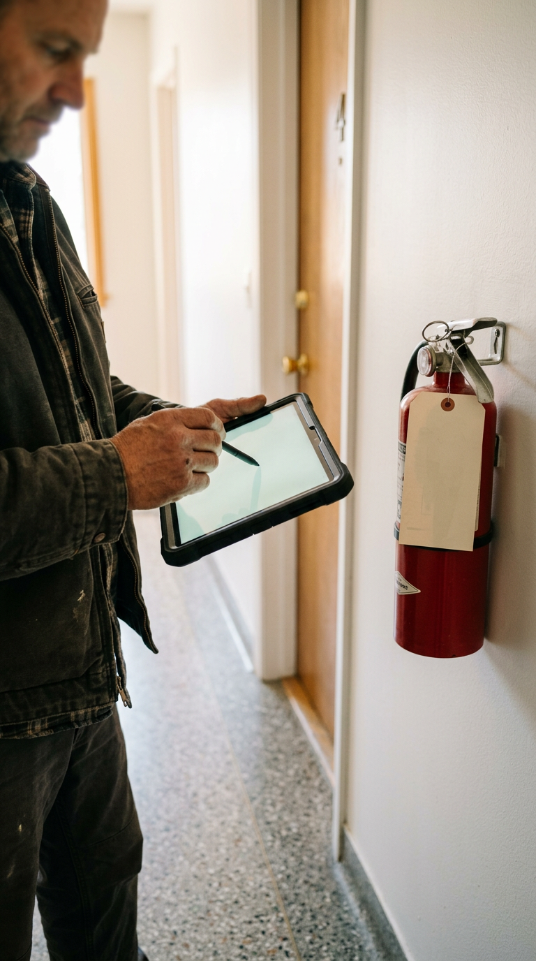 A contractor with a tablet and stylus beside a tagged fire extinguisher in an apartment corridor. Generated image.